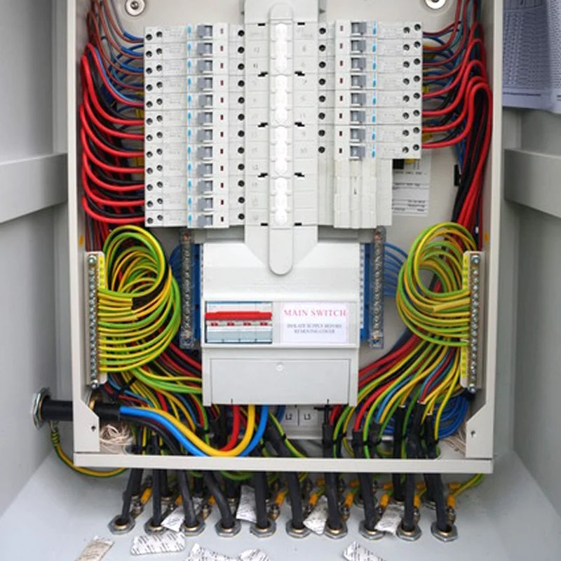 Distribution board with neatly dressed red, yellow and green cabling, from their gallery