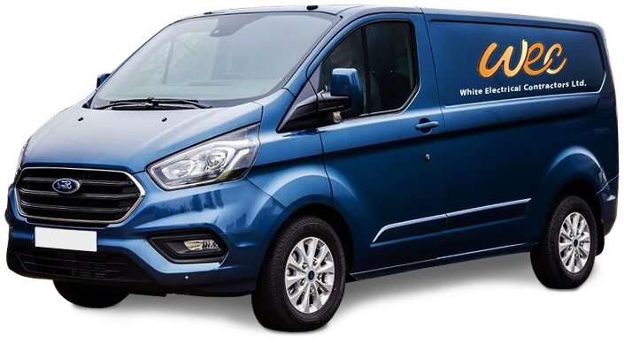 White Electrical Contractors' blue Ford Transit Custom van with the orange WEC logo on the side